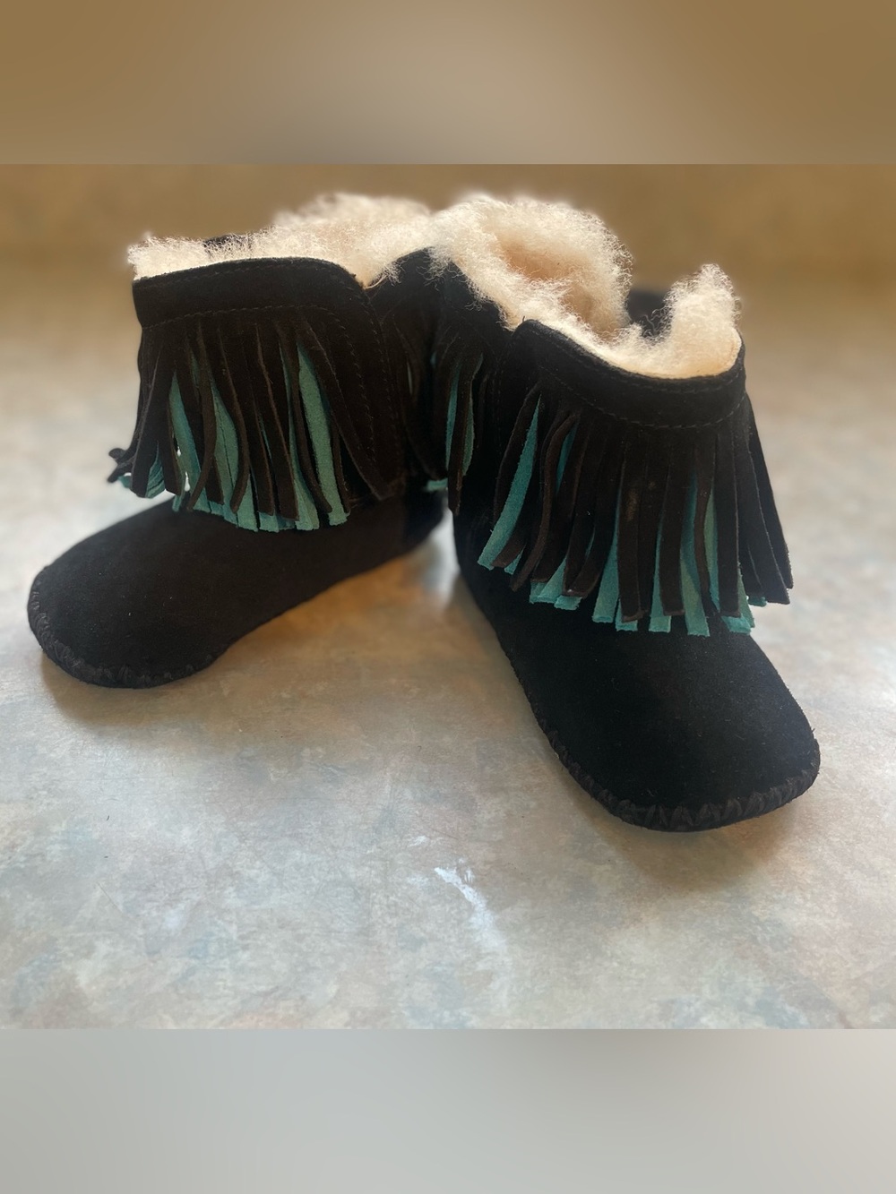 UGG Black Suede Kids Fringe Boots with Teal Accents
